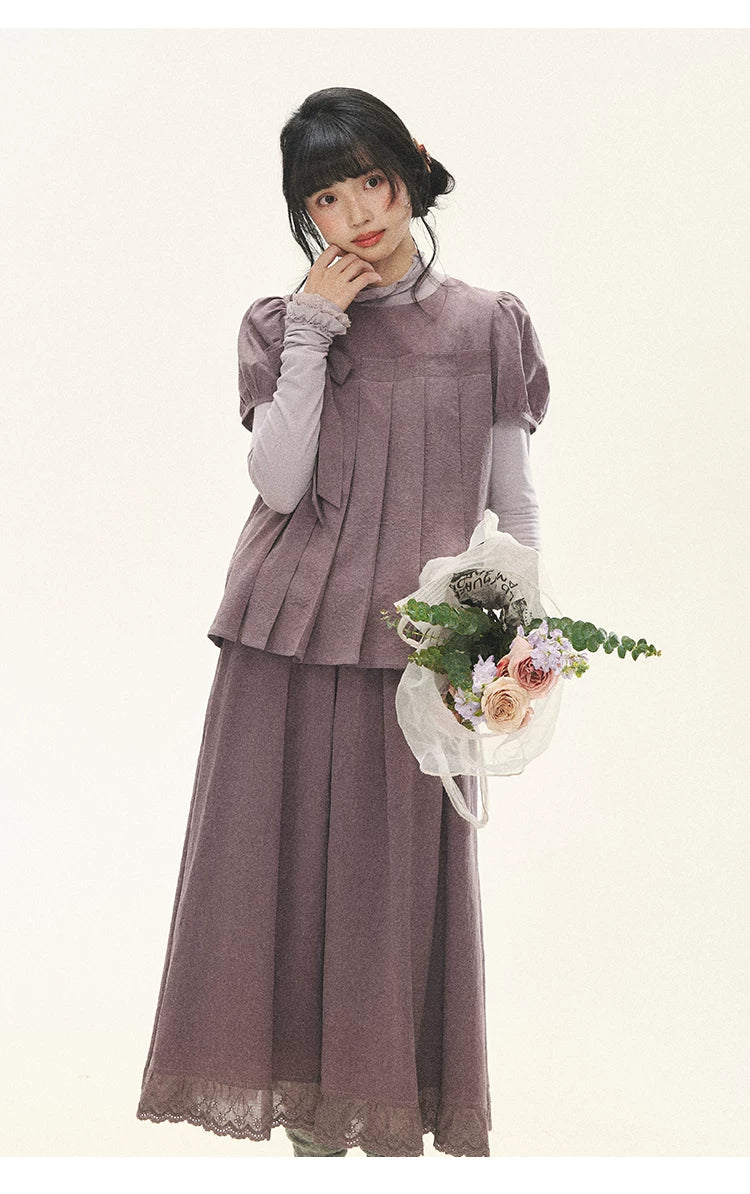 "Whispers Between Pleats" Gray Grape Purple Pleated Top & Maxi Skirt Set