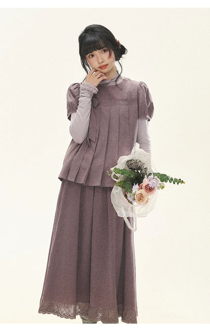 "Whispers Between Pleats" Gray Grape Purple Pleated Top & Maxi Skirt Set