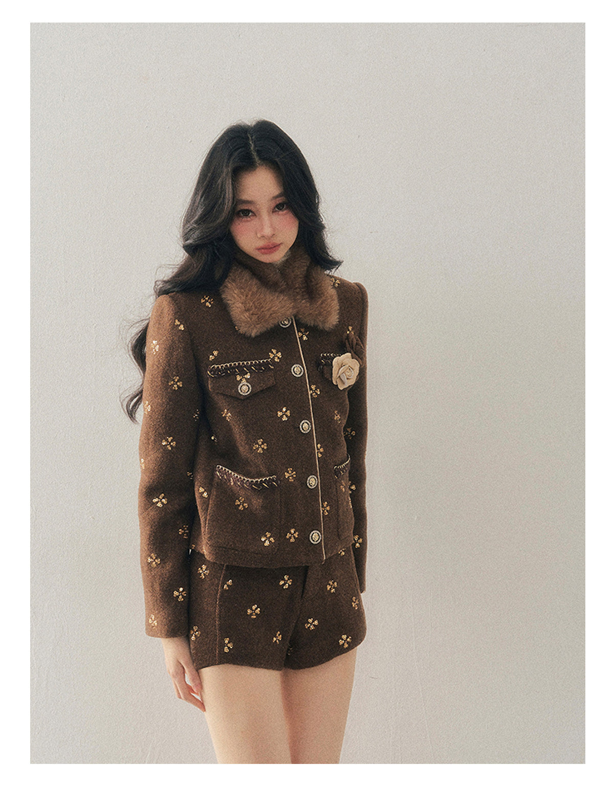 少也眼 "Deep Winter Wutong" Quilted Wool Tweed Two-Piece Set