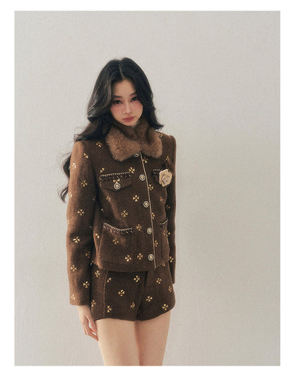 少也眼 "Deep Winter Wutong" Quilted Wool Tweed Two-Piece Set