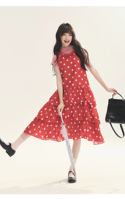 "Polka Dot Layers" Red Polka Dot Tiered A-Line Maxi Cami Dress