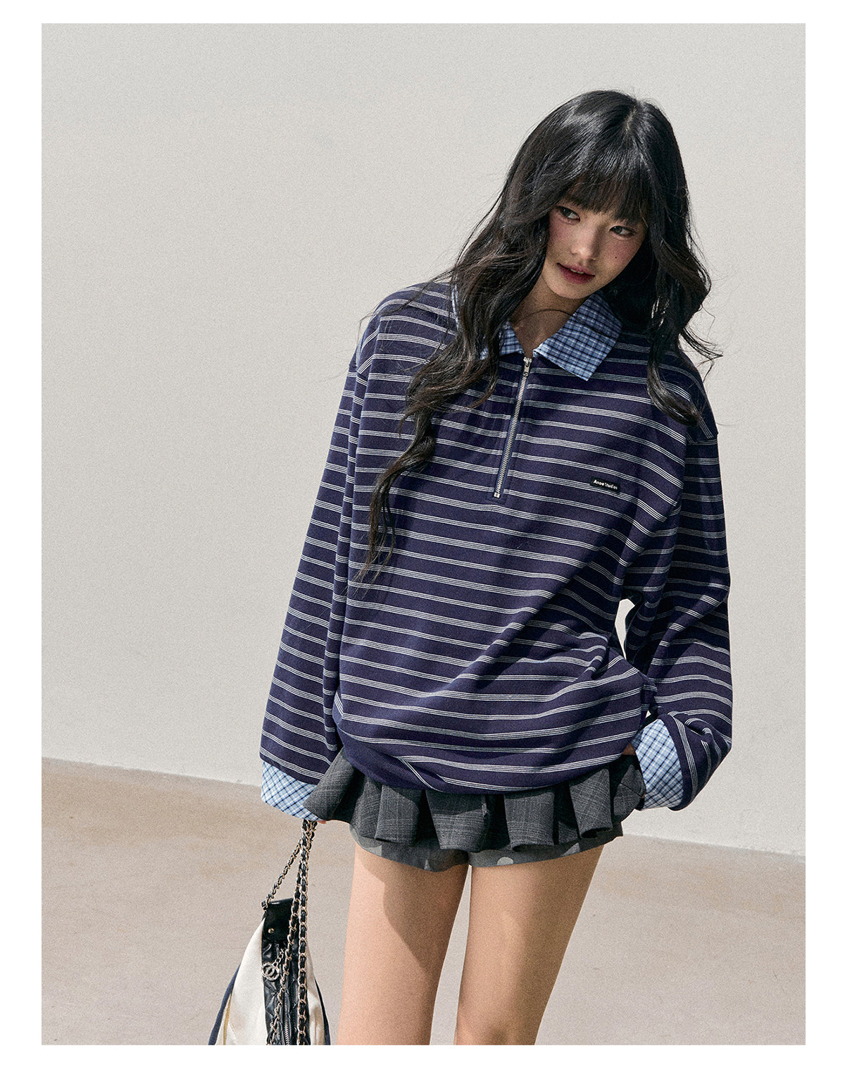 少也眼 “She Fades into Blue” Faux-Layered American Stripe Polo Top 54542