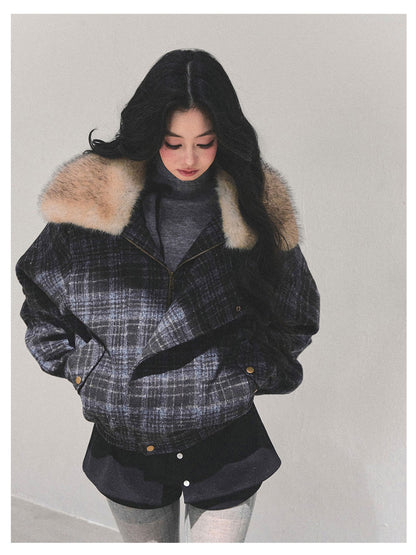 少也眼 “Quiet Radiance" Navy Check Oversized Wool Jacket