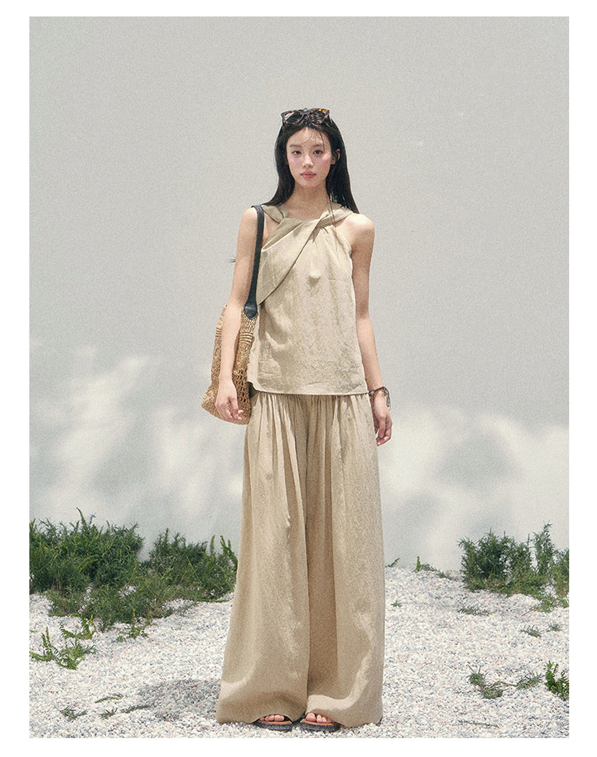 “Soft Khaki Whisper” Milk Tea Halter Twist Top & Wide-Leg Trousers