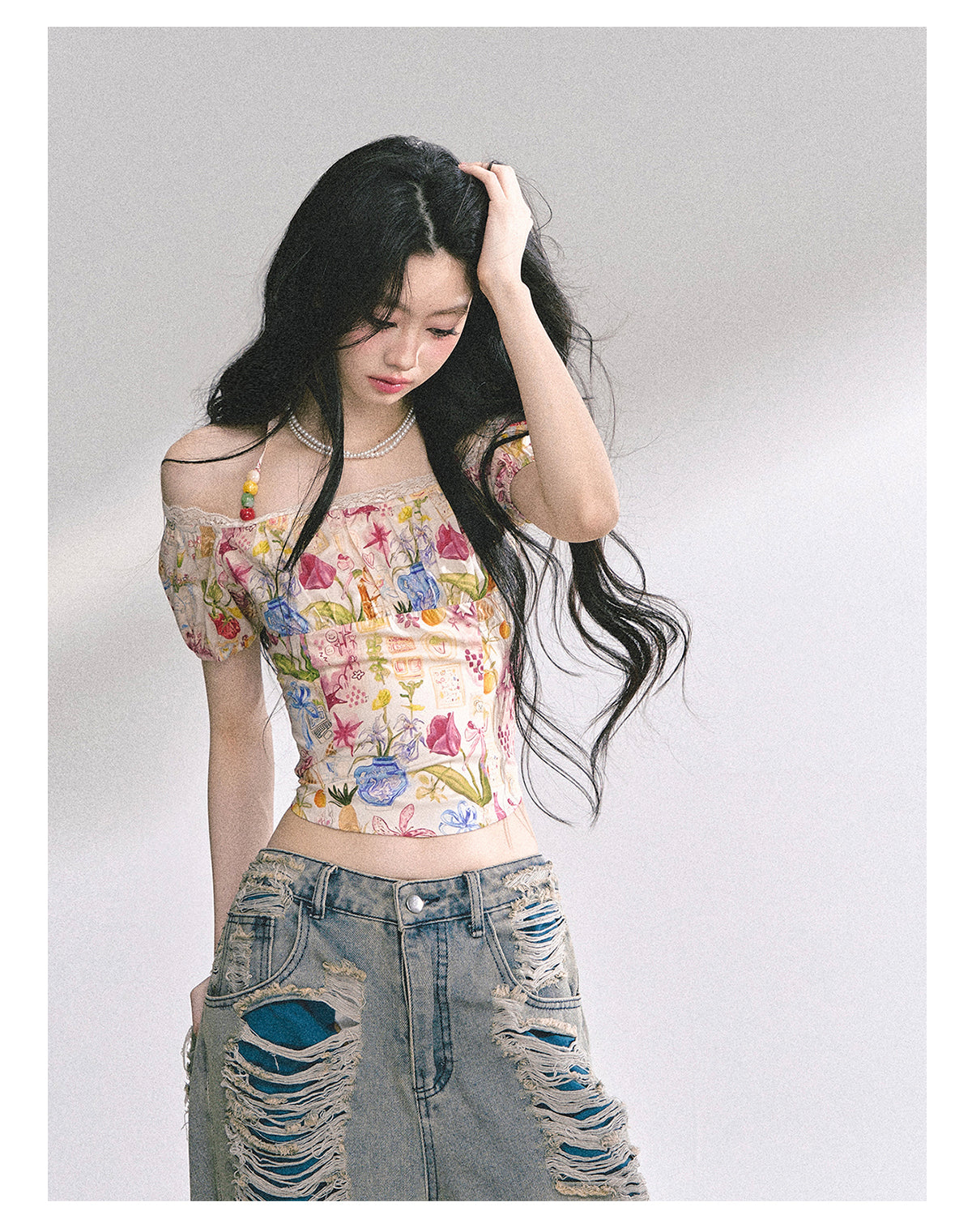 少也眼 “Verona Bloom" Off-Shoulder Halter Lace Top 5464644485