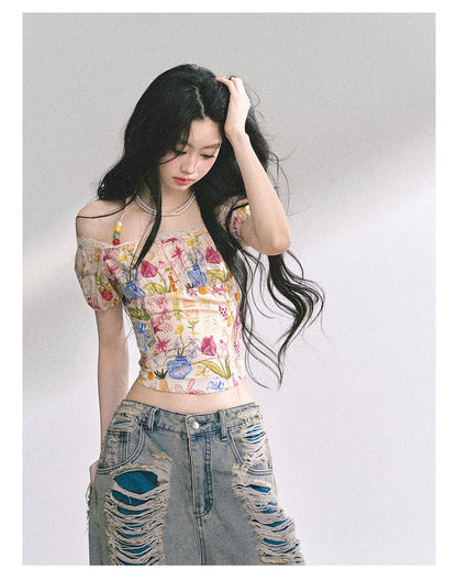 少也眼 “Verona Bloom" Off-Shoulder Halter Lace Top 5464644485