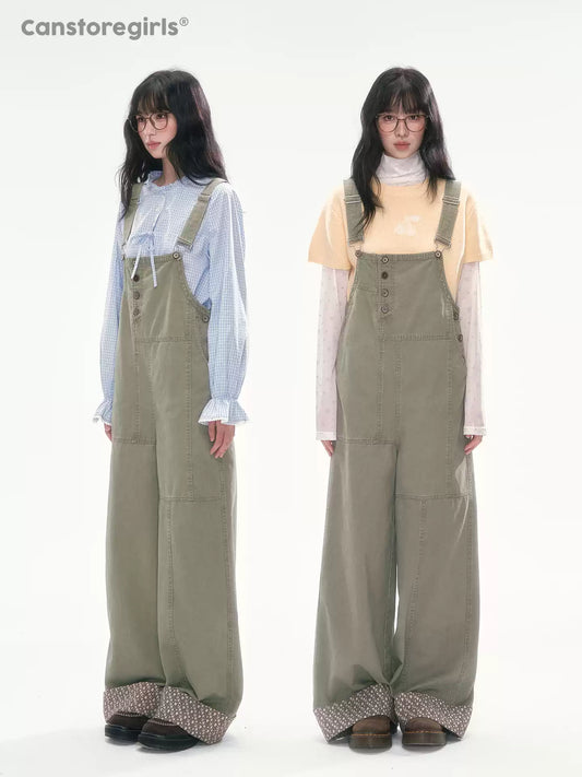 [CAN] Olive Green Floral-Trim Cargo Overalls