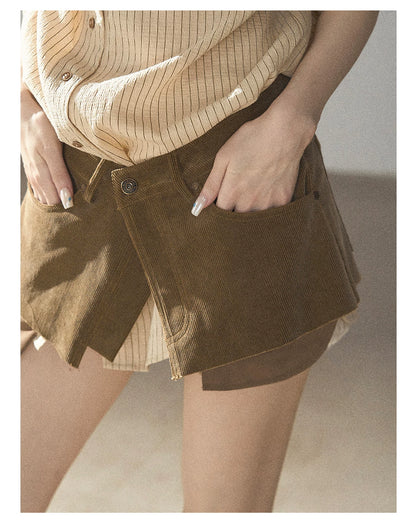 AOMALM - "Autumn Botanicals" Amber Yellow Striped Shirt & Wrap Faux Half-Skirt Set