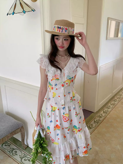“Honeyfruit Summer Breeze” Beige Printed Skirt Set