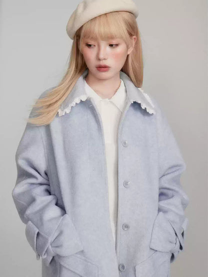 “Winter Cedar Lace Bow” Wool-Blend Loose-Shoulder Coat - Blue M6665