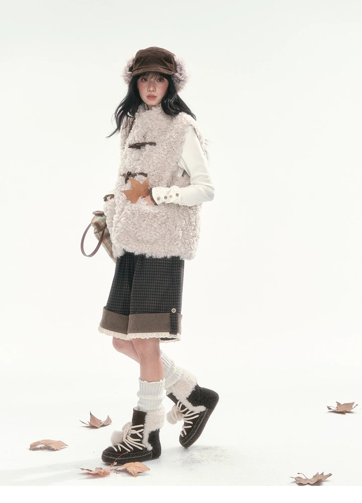 CAN - "The Velvet Alcove" Light Coffee Brown Reversible Plaid Shearling Vest