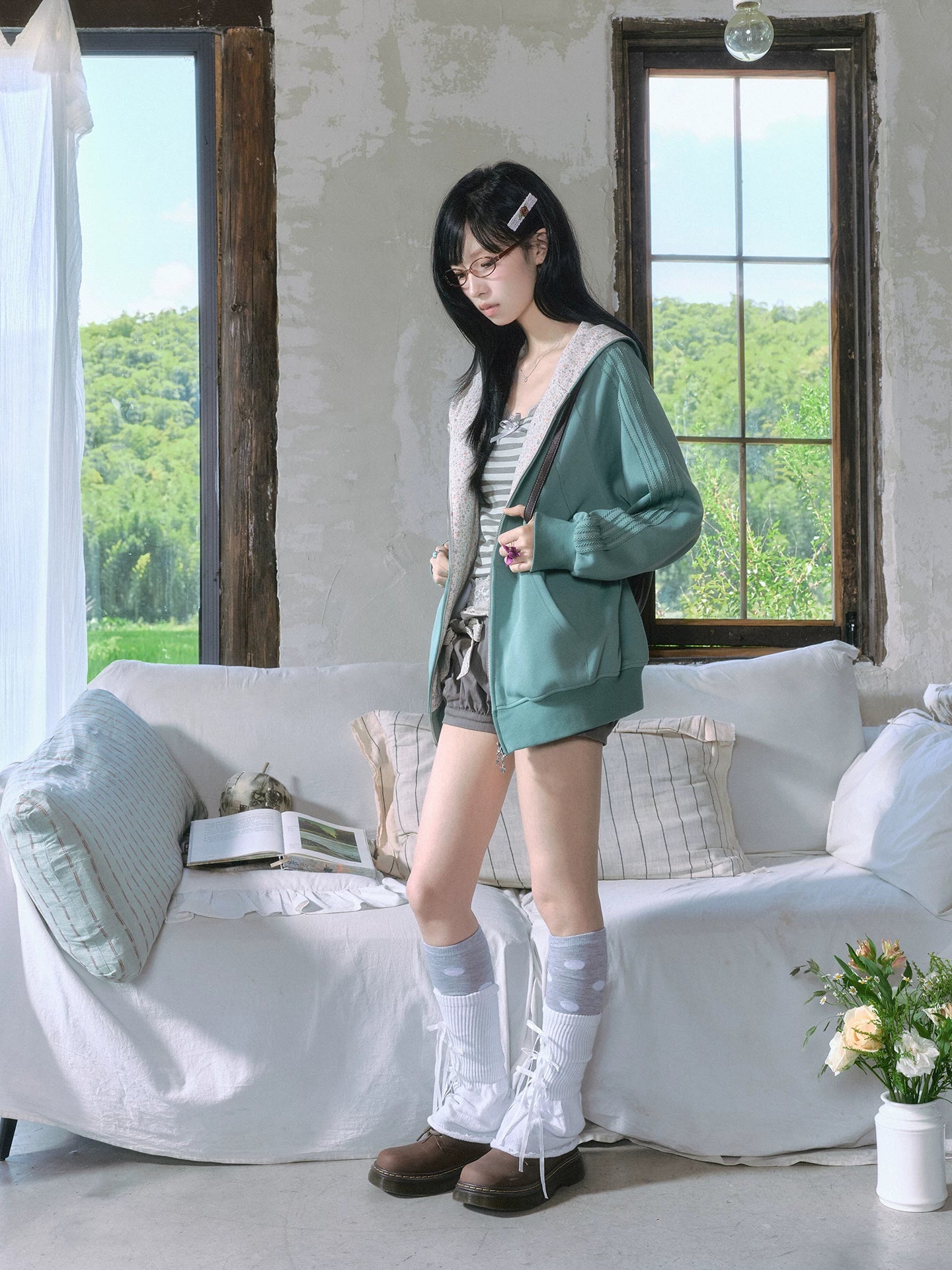 "Sage Whisper" Floral Layered Collection (Hoodie / Lace Cami / Bubble Shorts)