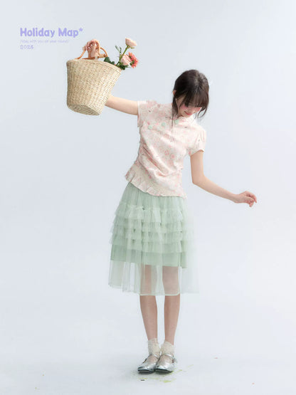 "Lime Mille-Feuille Glow" Peach Mist Chinese-Inspired Short Sleeve Top & Lime Green Tulle Tiered Skirt Set