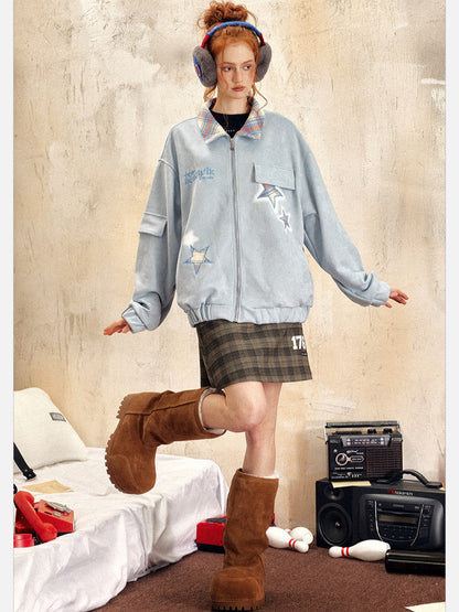 EZEK - Retro Star Embroidery Suede Zip-Up Jacket