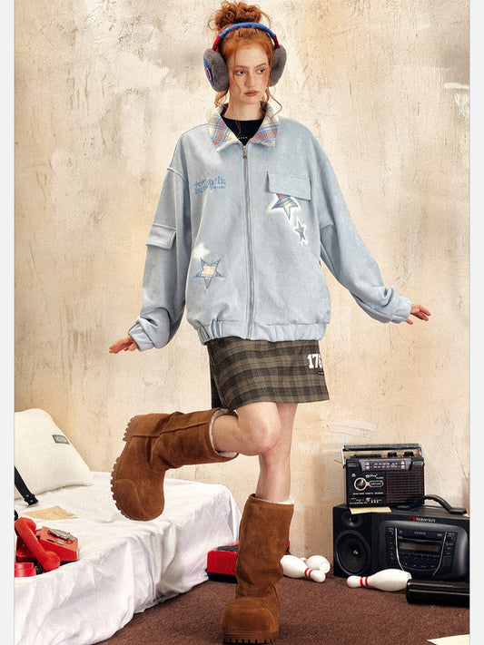 EZEK - Retro Star Embroidery Suede Zip-Up Jacket