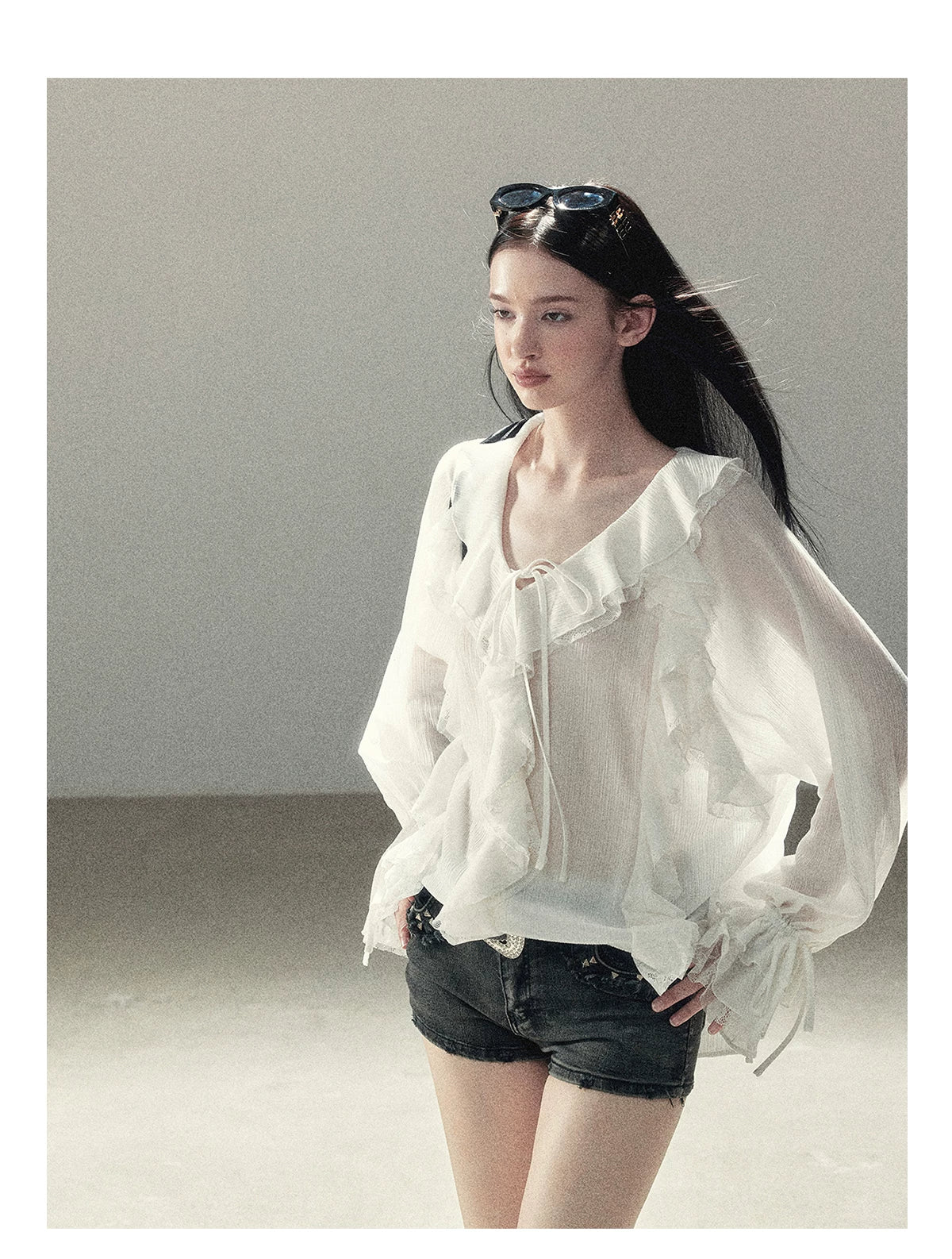 AOMALM - "A Featherlight Touch" French Camellia White Lace Chiffon Top with Belt (Camellia / Oatmeal / Cinnamon Pink)