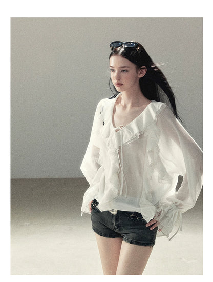 AOMALM - "A Featherlight Touch" French Camellia White Lace Chiffon Top with Belt (Camellia / Oatmeal / Cinnamon Pink)