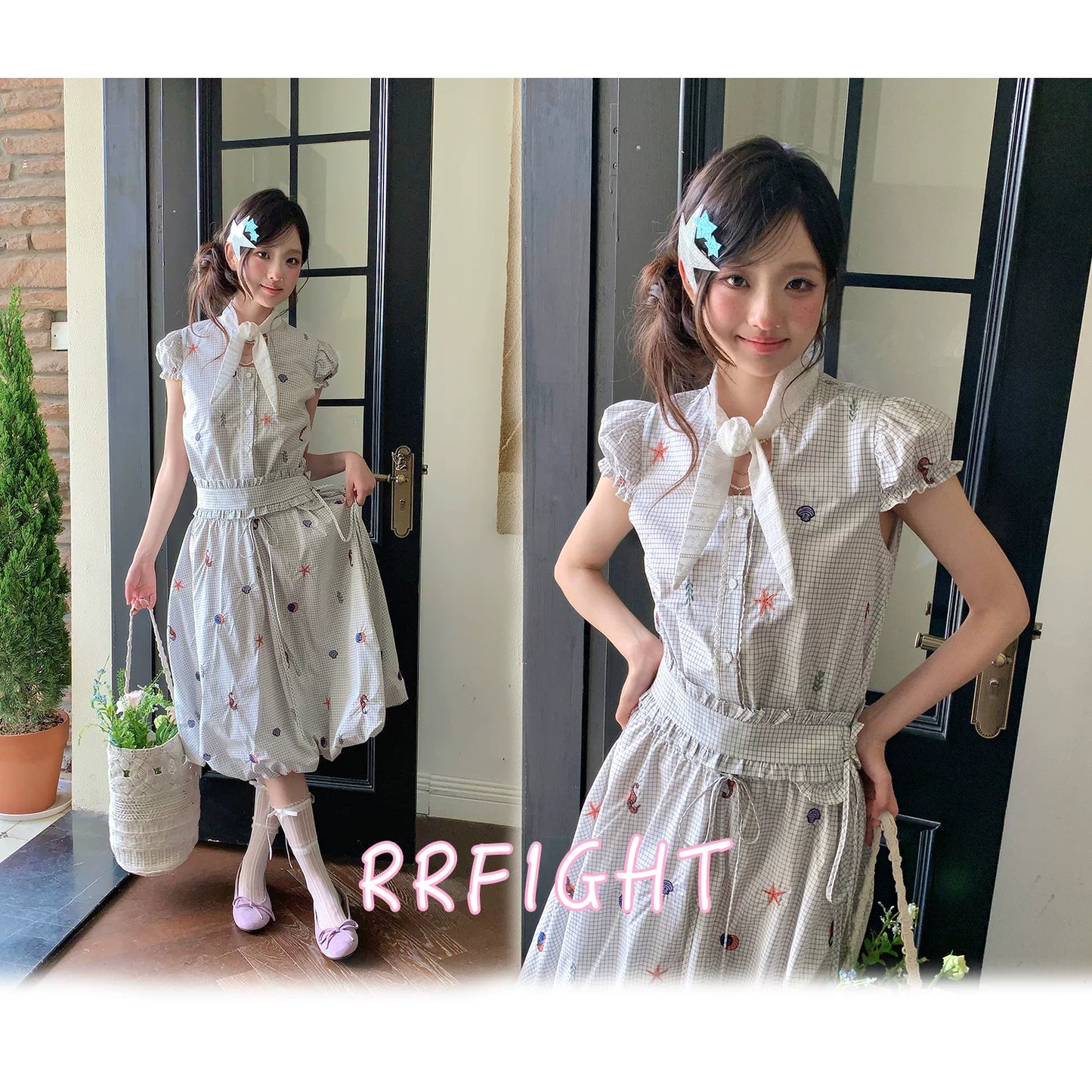“Seaside Plaid Isle” Ocean Plaid Bubble Hem Dress