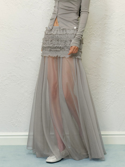 "Soft Horizon" Gray Mesh Panel Bodycon Maxi Skirt