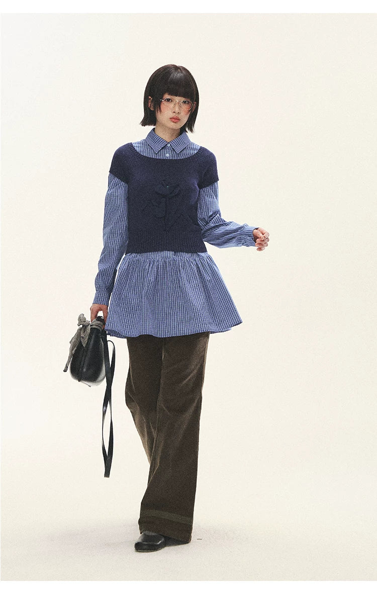 "Holiday Blues" Blue Plaid Bow Shirt Mini Dress