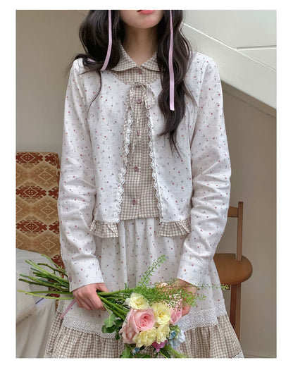[RF] “Meadow Tea Party” Ivory & Light Brown Plaid Layered Blouse & Skirt Set