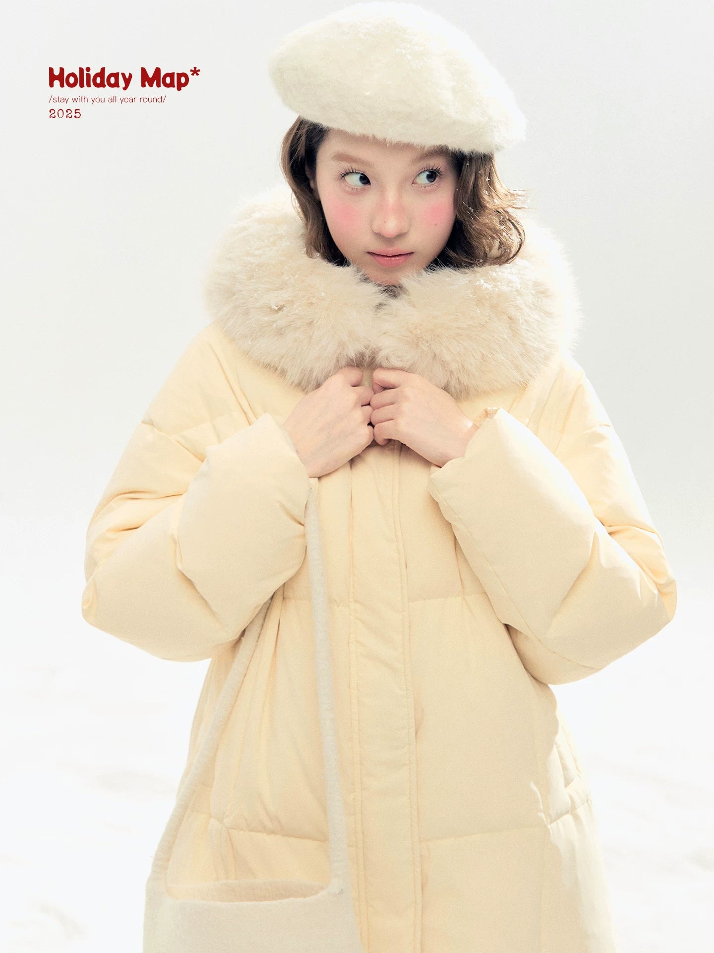 "Butter Soufflé" Vanilla Butter Hooded Mid-Length Down Coat with Faux Fox Fur Trim