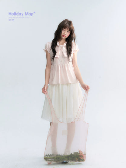 "Rosy Whisper" Dusty Pink Bow Embroidered Puff Sleeve Blouse