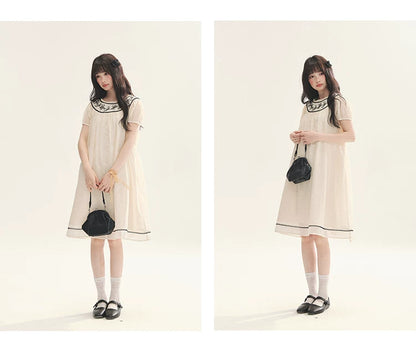 "Midnight Princess" Yellow Flower Rope Embroidered Babydoll Midi Dress