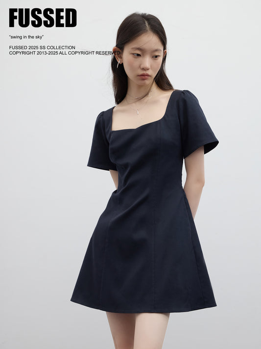 FUSSED Elegant Lady Square-Neck Linen-Cotton Dress – Moon Shadow Blue FOF-25SS079
