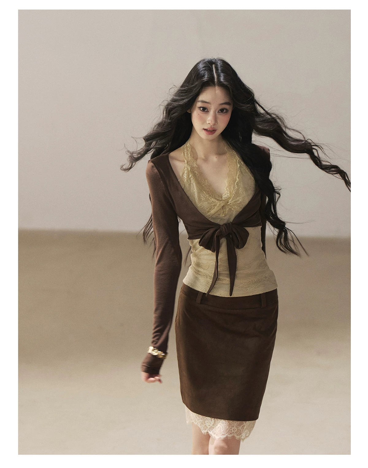 AOMALM - "Tender in This Moment" Rich Cocoa Faux Two-Piece Lace Top