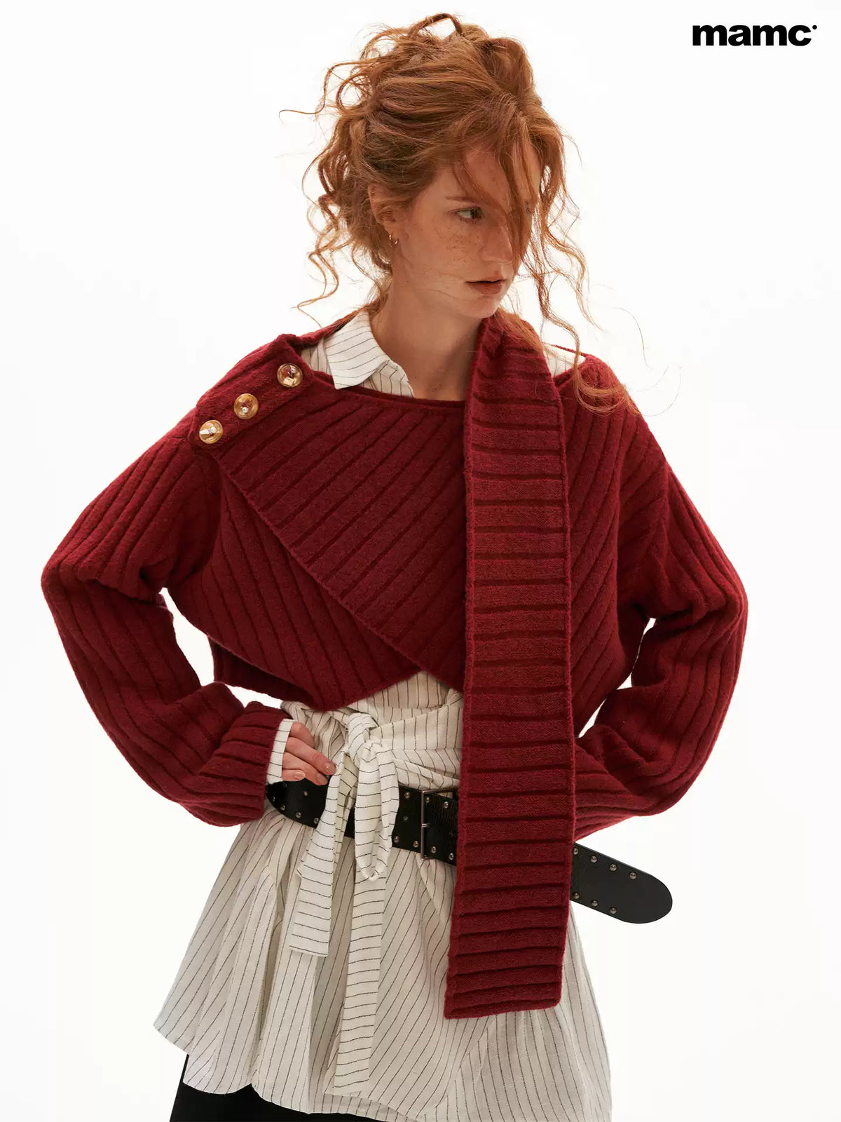 MAMC - Soft Recycled Airy Knit Cross-Neck Sweater (Red / Yellow / Ivory)