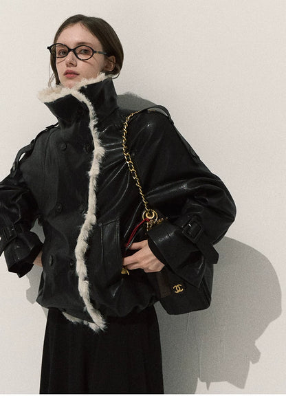 OAKMOO/ Cropped Faux Leather Shearling-Collar Jacket (Rich Black / Hazelnut Khaki)