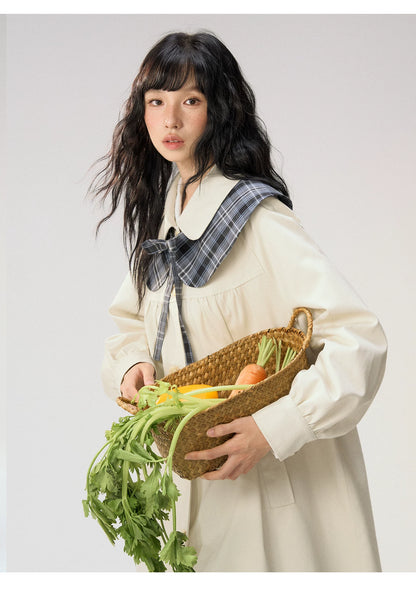[CAN] “Oat Check Collar” Apricot Bow Cape Collar Trench Coat