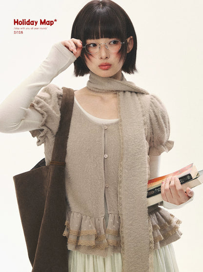 "Soft Fufu" Blush Pink Lace Puff Sleeve Knit Cardigan