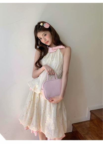 “Peach Cream Brioche” Cream Apricot Floral Bubble Skirt Set