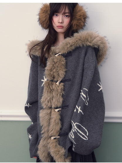 Soote Season - Hooded Star Jacquard Knit Cardigan with Faux Fur Collar - Smoky Gray