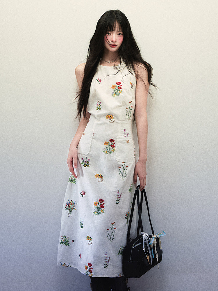 1P - “Don’t Know What To Do” Linen Bloom Embroidered Halter Dress