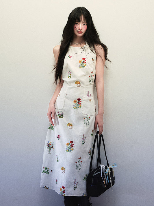 1P - “Don’t Know What To Do” Linen Bloom Embroidered Halter Dress