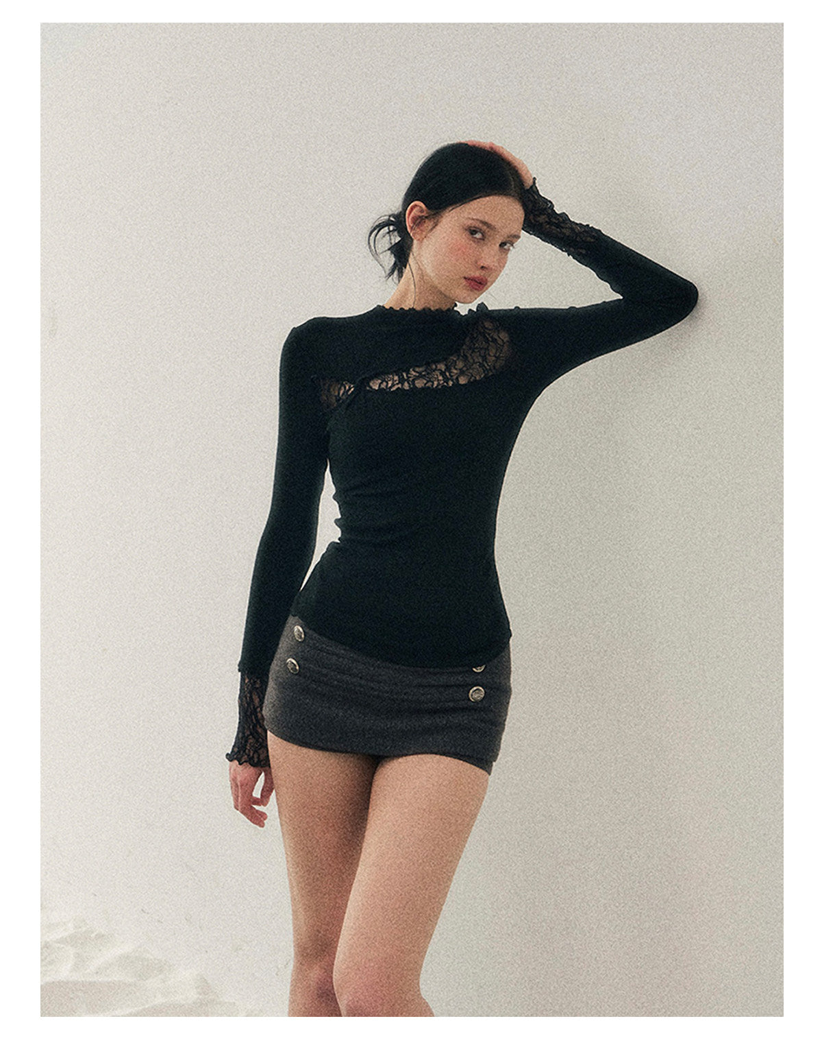 少也眼 “Interplay of Illusion” Semi-High Neck Lace Cutout Top - Black