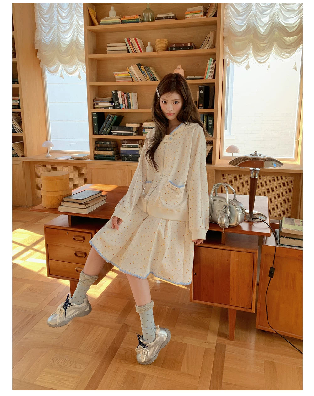 “Snow Bunny Reverie” Ivory Rabbit Ear Hoodie & Floral Pleated Mini Skirt