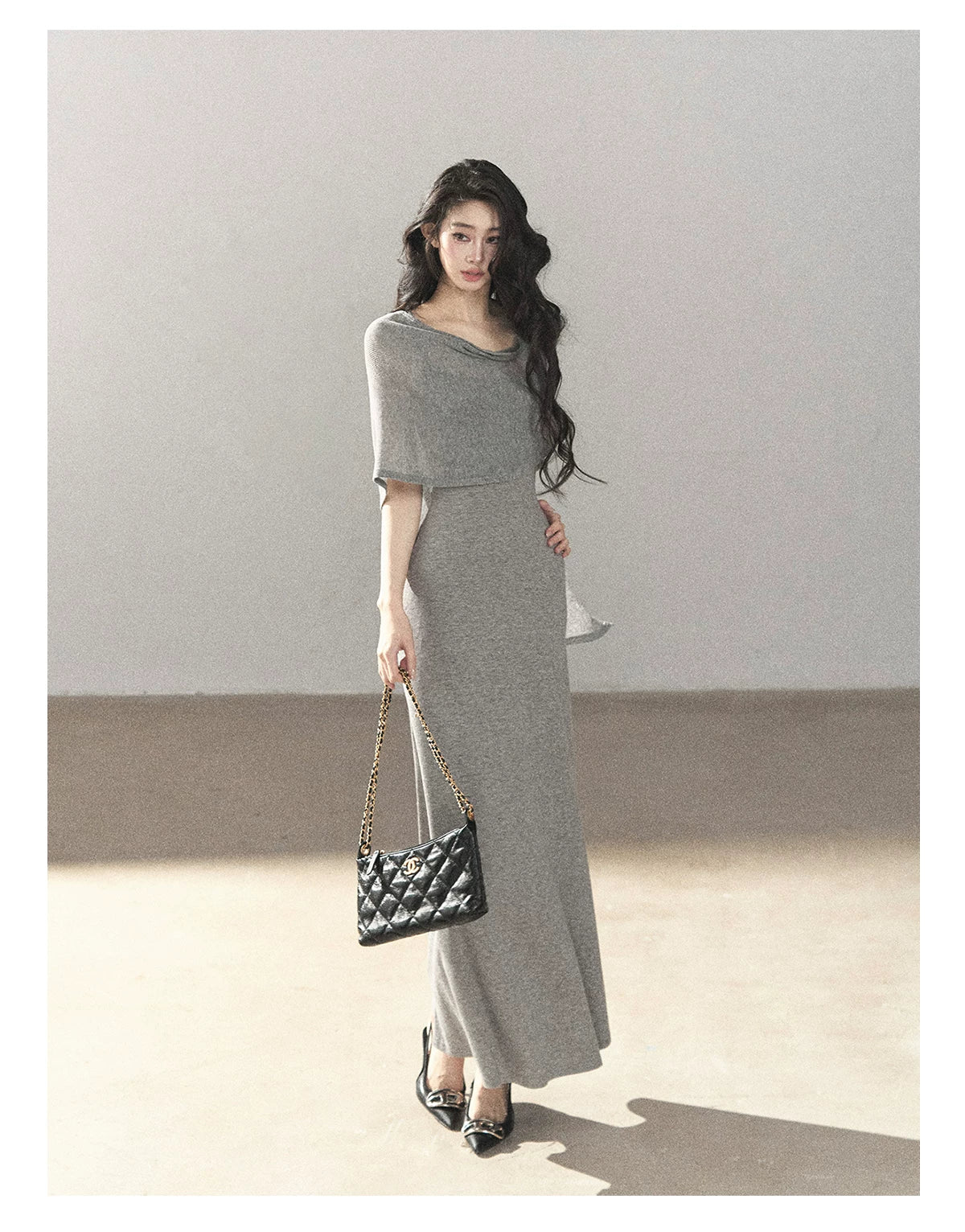 AOMALM - French-Inspired Two-Piece Maxi Dress Set with Layered Cape Overlay