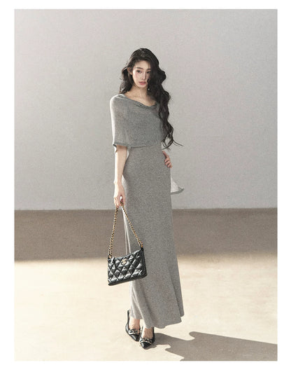 AOMALM - French-Inspired Two-Piece Maxi Dress Set with Layered Cape Overlay