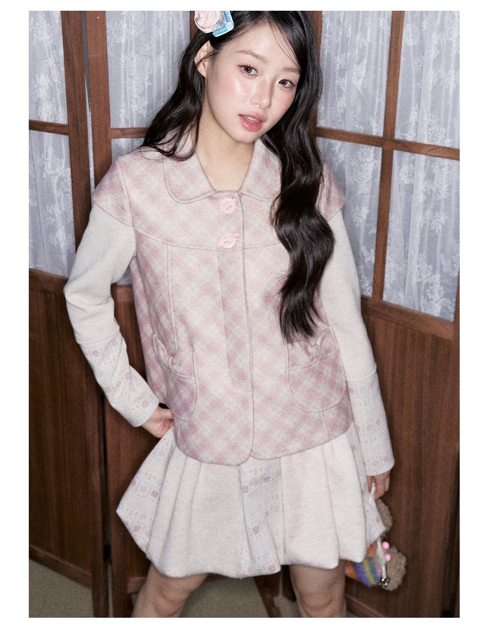 [RF] Vintage Floral Patchwork Knit Bubble Skirt in Blush Pink