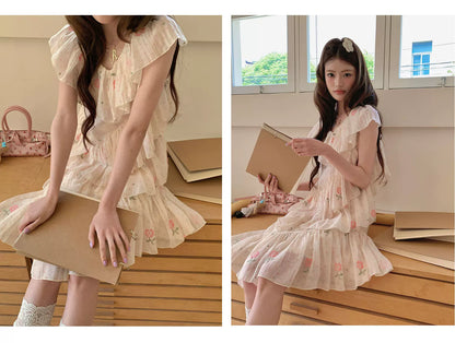 “Cloud Ruffle Reverie” Cream Apricot Floral Ruffle Dress