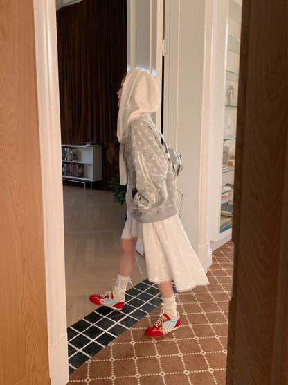 “Starlit Ribbon Reverie” Grey Off-Shoulder Hoodie