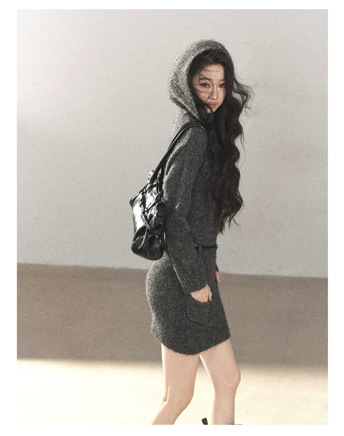 AOMALM - Whale Gray Hooded Faux-Two-Piece Knit Dress with Belt