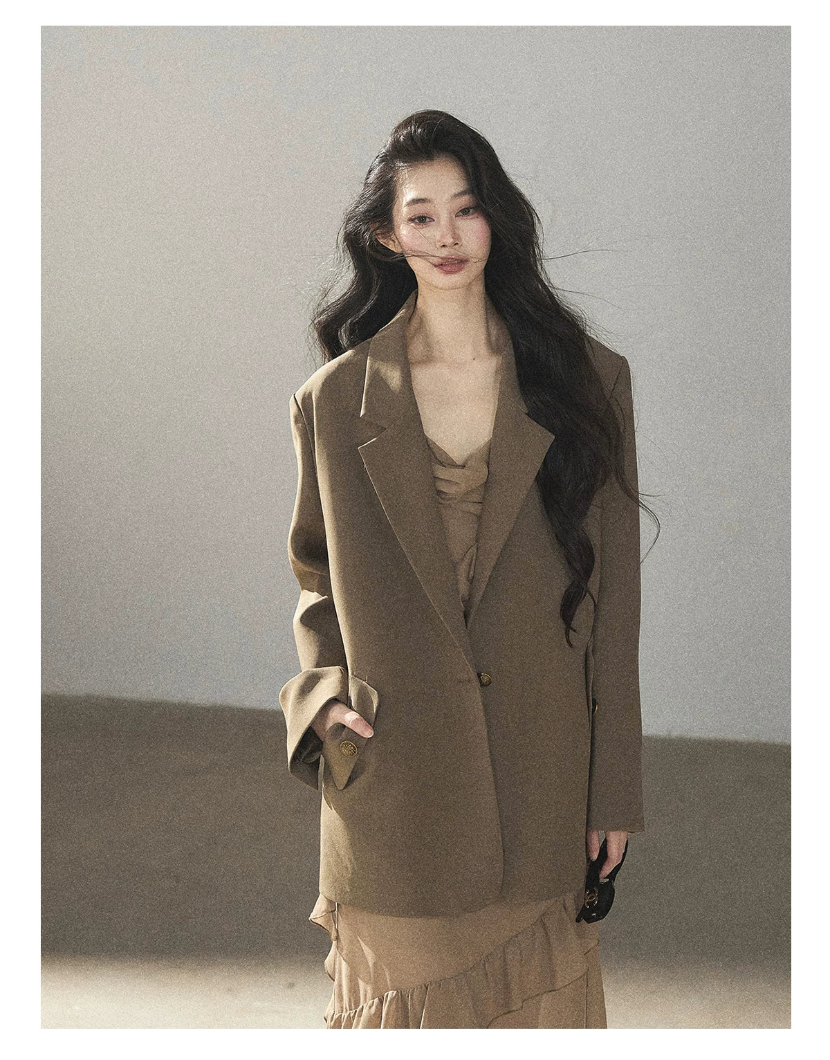 AOMALM - Cinnamon Gray-Brown Ruffle Chiffon Maxi Dress