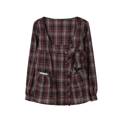 "Sage Whisper" Layered Vintage Collection (Plaid Shirt / Lace Cami / High-Waist Skirt)