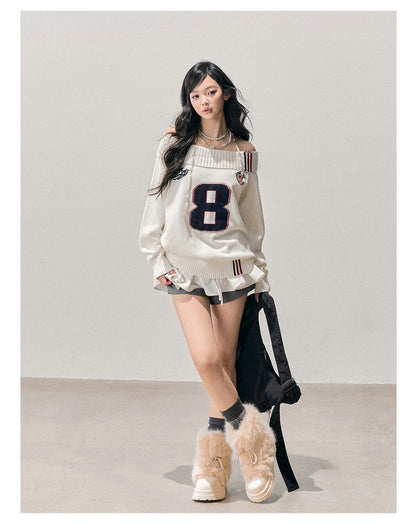 少也眼 “Frost-White Wallcorners” Off-Shoulder Knit Sweater