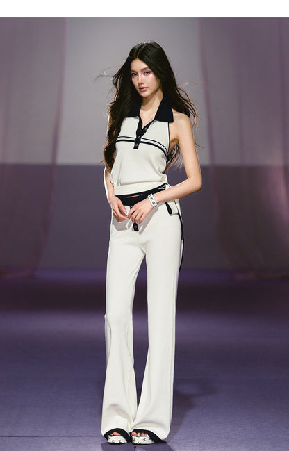 "Coastal Ease" Ivory Halter Knit Top & Contrast Knit Flare Pants Set